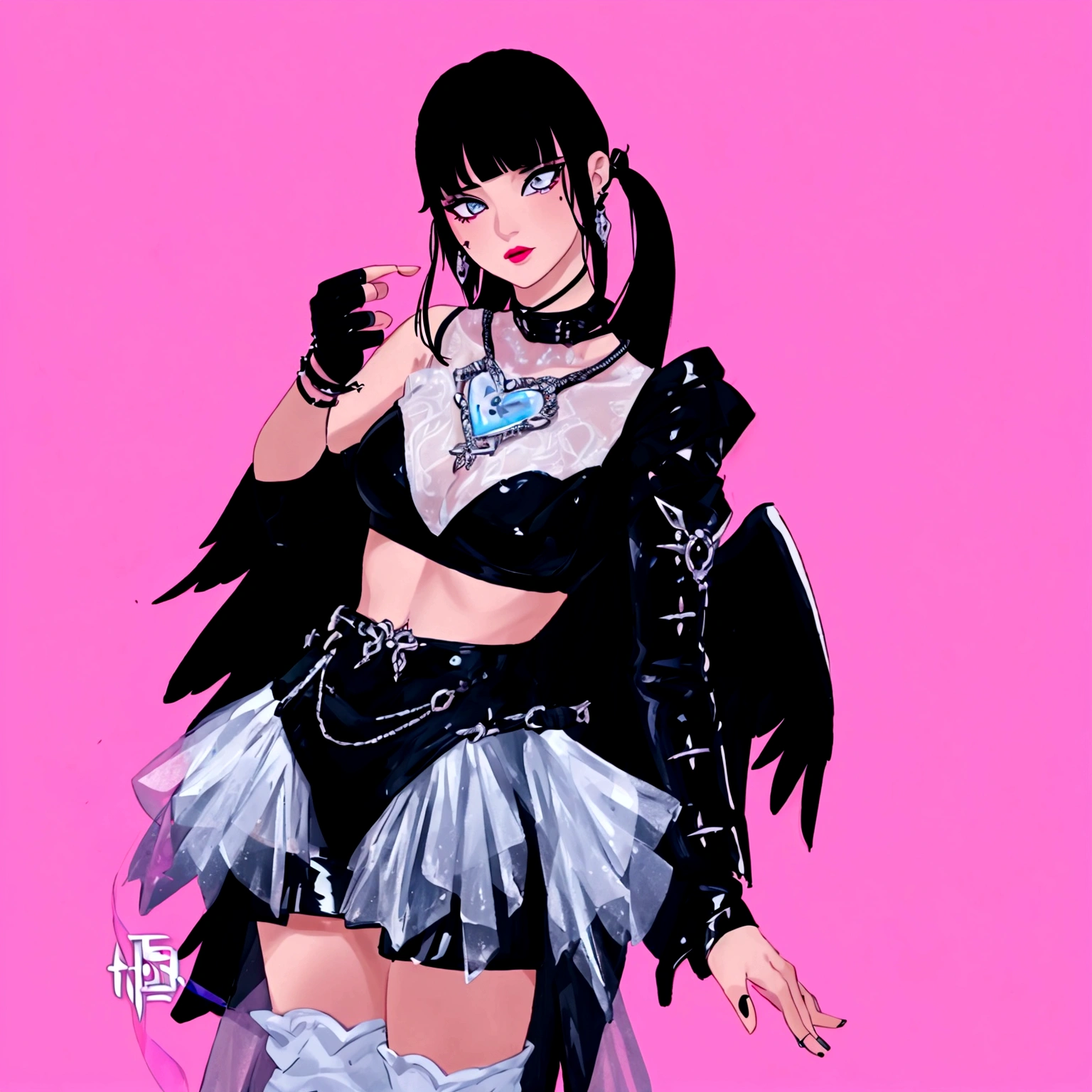 arafed image of a woman in a black outfit imvu, as a mystical valkyrie, villainess has black angel wings, second life avatar, inspired by Sim Sa-jeong, upper body avatar, goth girl aesthetic, she has black hair with bangs, portrait of jossi of blackpink, HD, Detailed, clear color, high quality