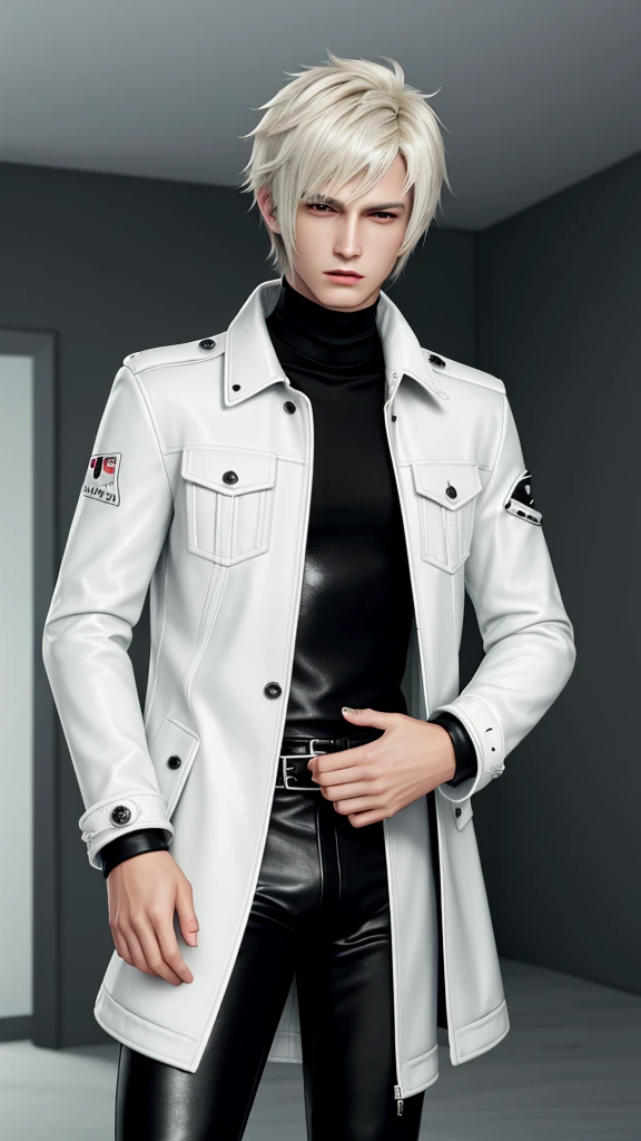 Final fantasy taste and reality graphics, Japanese young cute and cool ikemen  boy, his age is early 20s, thin eyebrows and beady eyes,  ((he wearing off white color leather  thick material jacket)), ((jacket is singlebrest)), biker style jacket, with epaulet, jacket is long sleeve, ((must close the front of the leather jacket)), , ((voluminous leather jacket)), ,((must jacket is high length and stand-up collar)) ((jacket collar with two belts)), ((jacket is a little black color line pattern)),((close the front of the jacket)), ((also wearing black thick material turtleneck lackluster shirts)),  ((tight black leather pants)),  ((must black leather tight and thin glove)), ((black leather knee-high raceup boots)),((must views  head-to-toe)),((must views whole body)), ,((Do not show skin from the neck down)),leather jacket leather glove and leather pants have few wrinkles,boy in the prison room, Avoid showing your innerwear,zip up jacket fastner.
Boy touching owns private parts with right hand.
Bous face is expression of ecstasy.
Boy is black hair.boy looks like fashion model.