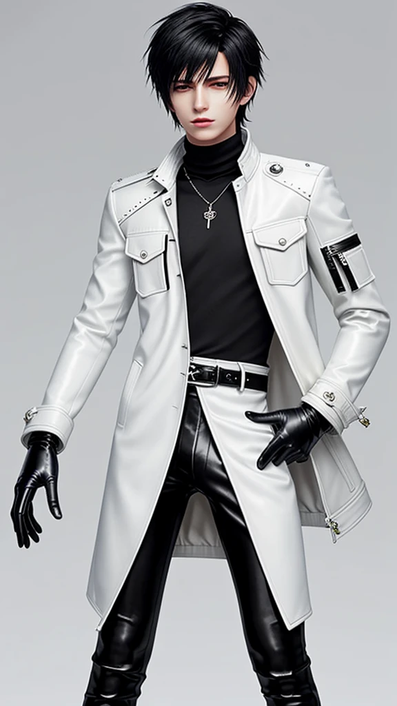 Final fantasy taste and reality graphics, Japanese young cute and cool ikemen boy, his age is early 20s, thin eyebrows and beady eyes, he wearing off white color leather thick material jacket, jacket is singlebrest, biker style jacket, with epaulet, jacket is long sleeve, must close the front of the leather jacket, , jacket is voluminous, ,must jacket is high length and stand-up collar with two belts, jacket is a little black color line pattern,close the front of the jacket, also wearing black thick material turtleneck lackluster shirts, tight black leather pants, shiny black leather tight and thin glove, black leather knee-high raceup boots,must views head-to-toe,must views whole body, boy looks like fashion model,Do not show skin from the neck down,leather jacket leather glove and leather pants have few wrinkles,boy in the room,
