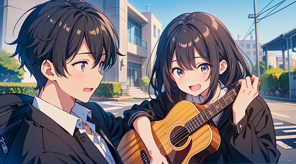 1boy、Highest quality, Ultra-high resolution, masterpiece, 8K quality,My son, a high school student, wears a black .、A mother seeing her son off to high school、 Laughing happily. There is a building in the background, Flat school building, Warm Spring.Face close-up、gakuran、guitar、