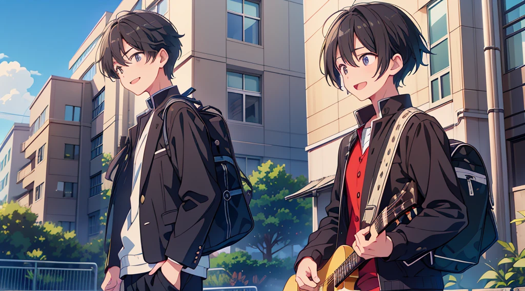 1boy、Highest quality, Ultra-high resolution, masterpiece, 8K quality,My son, a high school student, wears a black .、A mother seeing her son off to high school、 Laughing happily. There is a building in the background, Flat school building, Warm Spring.Face close-up、gakuran、guitar、