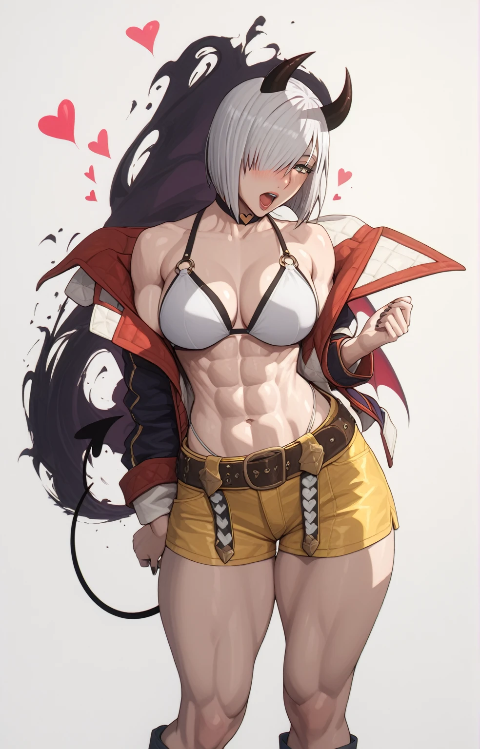 (asura art style:0.7), score_9, score_8_up, score_7_up, score_6_up, fiona frost, white hair, short hair, hair over one eye, grey eyes, BREAK (masterpiece:1.2), best quality, high resolution, (beautiful detailed eyes:1.3), perfect lighting, (perfect hands, perfect anatomy), hearts, pleasured, large breast, sagging breast, 1girl, breasts, horns, shorts, abs, solo, bikini, english text, navel, tail, swimsuit, demon horns, belt, yellow shorts, choker, black nails, muscular, demon tail, jewelry, earrings, looking at viewer, open mouth, demon girl, muscular female, short shorts, blush, thighs, shadow,