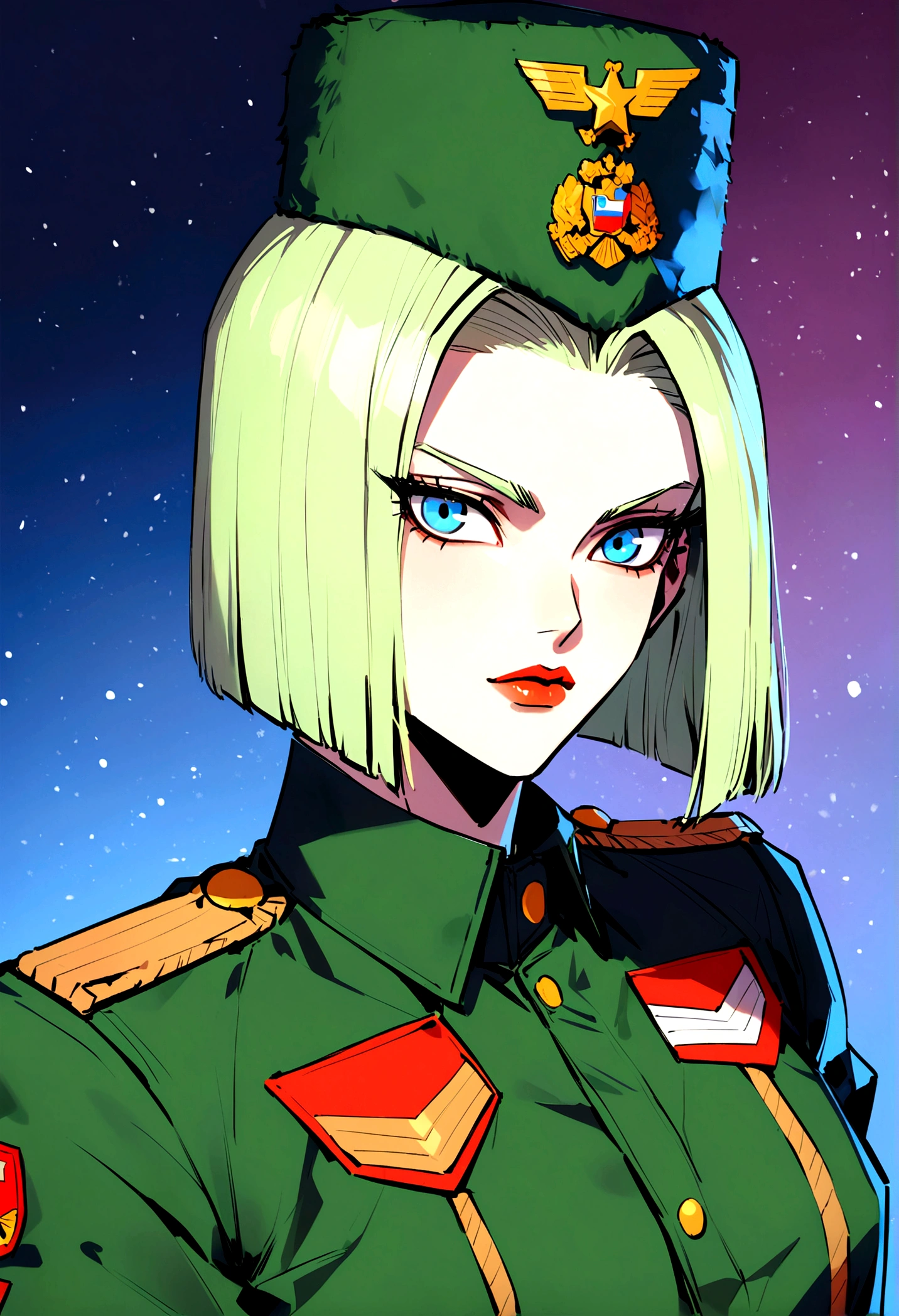 androide 18 dbz, Very detailed, winter, Android 18,  by rubio, Blue eyes, short hair, green military uniform, Russian military uniform green, Russian cap, ushanka Russian, 