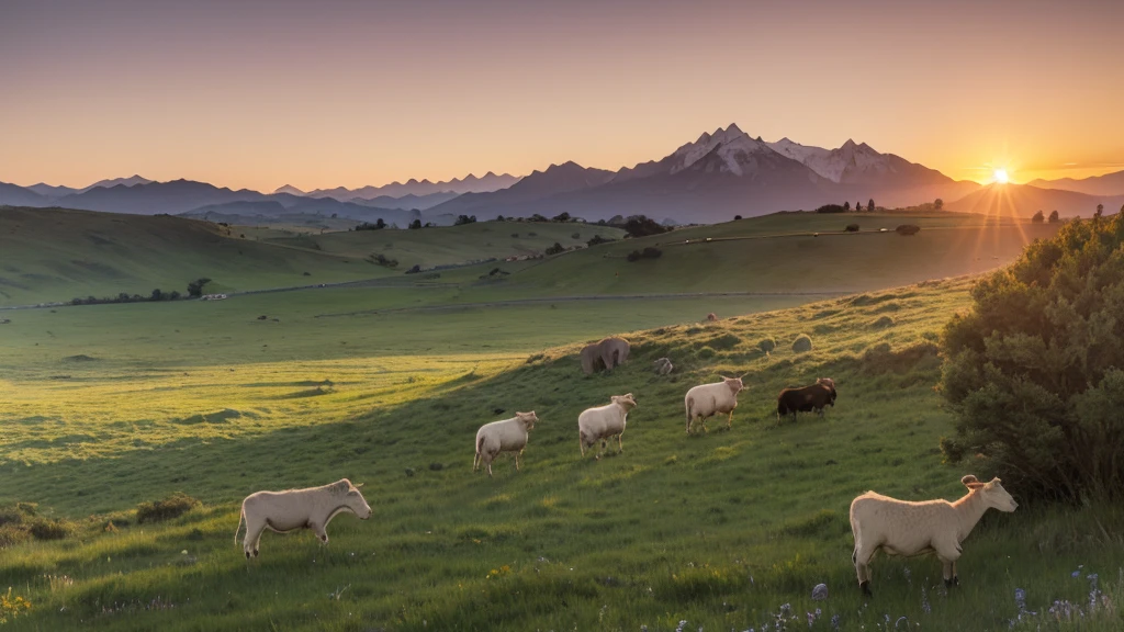 A vast grassland at sunset with children and mountains in the distance，Cows and sheep are eating grass