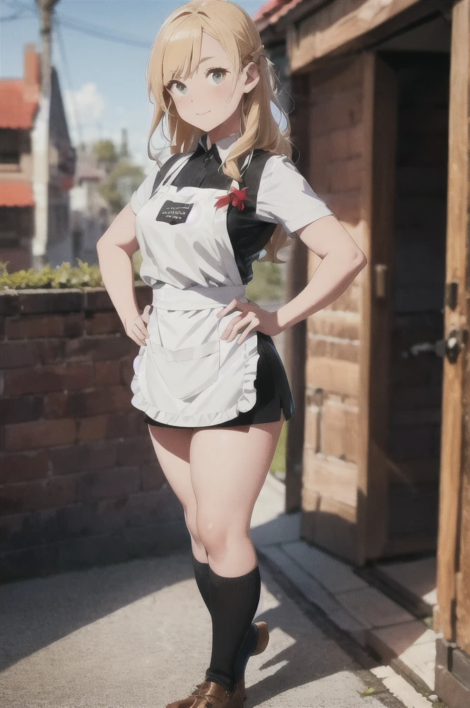 Medieval Waitress, A young female tavernkeeper , red-haired, blonde brown hair, wear a short tight dress with a leather apron, 21 years old, DND, medieval fantasy, (best quality,4k,8k,highres,masterpiece:1.2), ultra-detailed, anime:1.37), vibrant, 