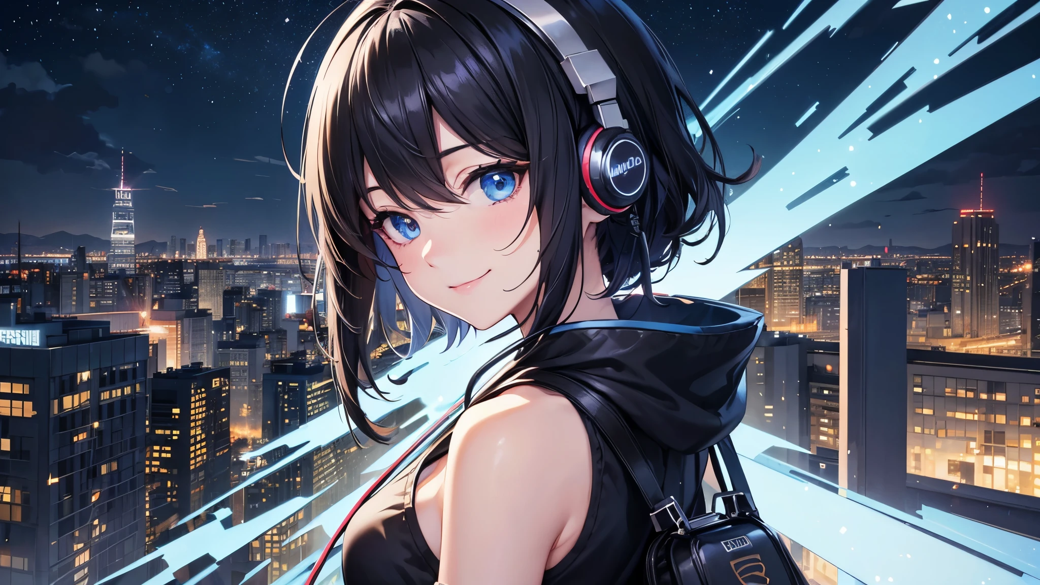 (UHD, super detail, best quality, highres),black hair, blue eyes, hair over shoulder, medium hair, smile, (headphone),anime, anime style, (Delicate nigt view of the city)