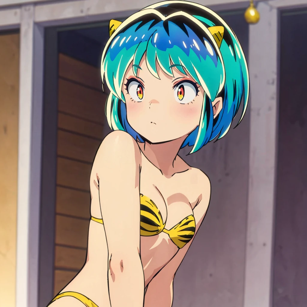 masterpiece, Highest quality, 1 Girl, Lum, Micro Bikini, anime, Face close-up, Charm, 18-year-old, Short Hair, Embarrassing, y, Being spoiled, From the side, Looking up, blush, Touching your hair with your hands, Shrug your head