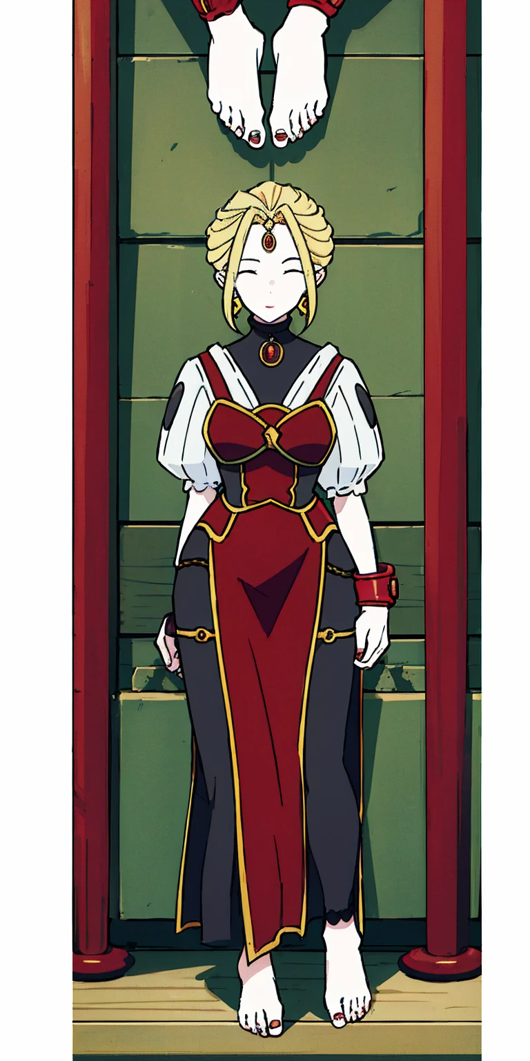 (masterpiece, best quality), intricate details, 1girl, Cammy White from Street Fighter (standing full body toe to head by wooden pole:1.2) iron collar, arms behind back, iron cuffs, shackles, bound, bondage outfit, harness, o-ring, bondage outfit blindfolded cover eyes, happy red cheeks, chain leash collar choker neck bell shackles wristbands bracers bracelets, cleave gag