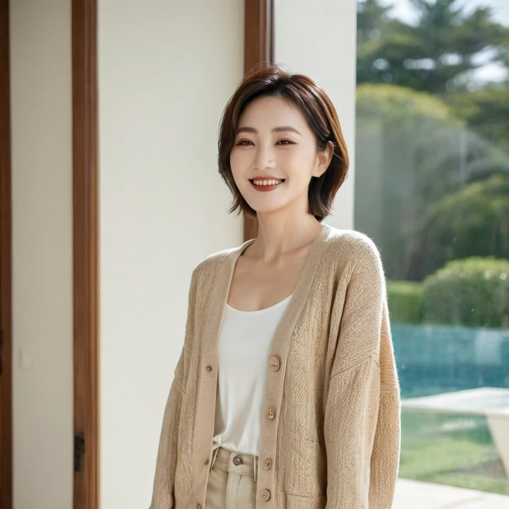 8k best picture quality, Beautiful 36-year-old Korean woman, The eyes are big, round and clear.. smile. short medium hair. Chest size 34 inches, Wearing a cardigan and beige jeans. Standing by the window in the living room of a luxury mansion, full body shot, Your eyes are big and pretty