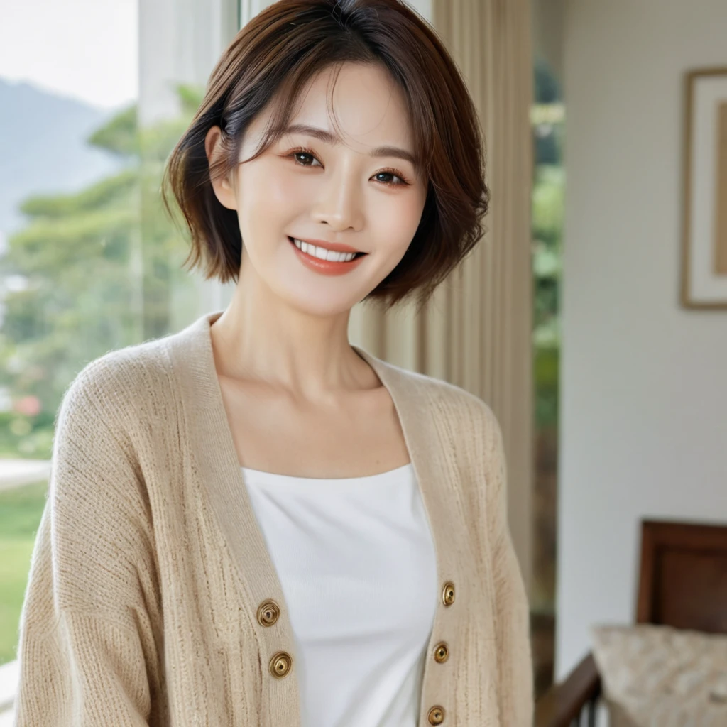 8k best picture quality, Beautiful 36-year-old Korean woman, The eyes are big, round and clear.. smile. short medium hair. Chest size 34 inches, Wearing a cardigan and beige jeans. Standing by the window in the living room of a luxury mansion, full body shot, Your eyes are big and pretty