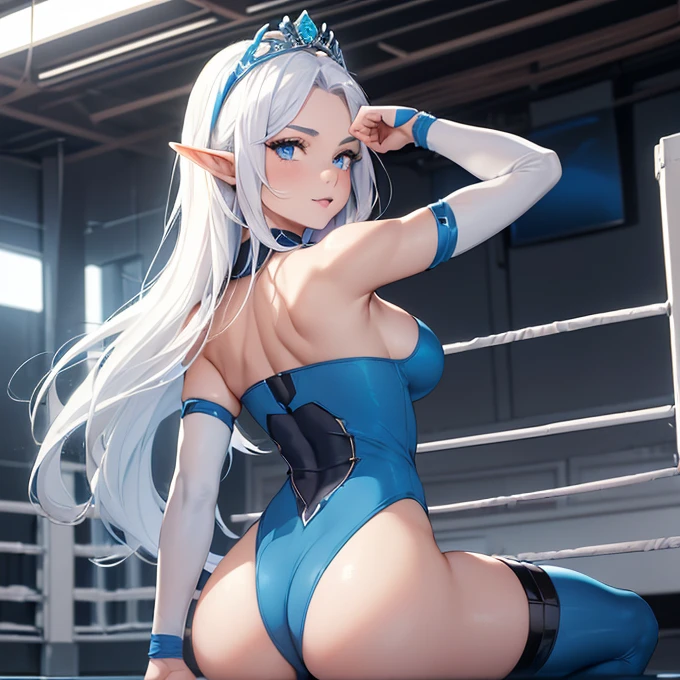 (absurdres, best high quality image, carefuly detailed features and textures, very detailed image, solo character alone, character back view): {{(1character: 25 years old half-elf princess ice girl), (pale skin, pure white medium straight hair, blue eyes with white pupils, short pointy ears, light blue lips, white eyebrows, big breasts, sexy body, confident demeanor, gentle smile, strong pose, butt up), (blue tiara headband, pale-blue strapless one-piece wrestling leotard, dark-blue long arm sleeves, light-blue elbow pads, light-blue wrestler boots, blue knee pads), (wrestling gym ring)}}