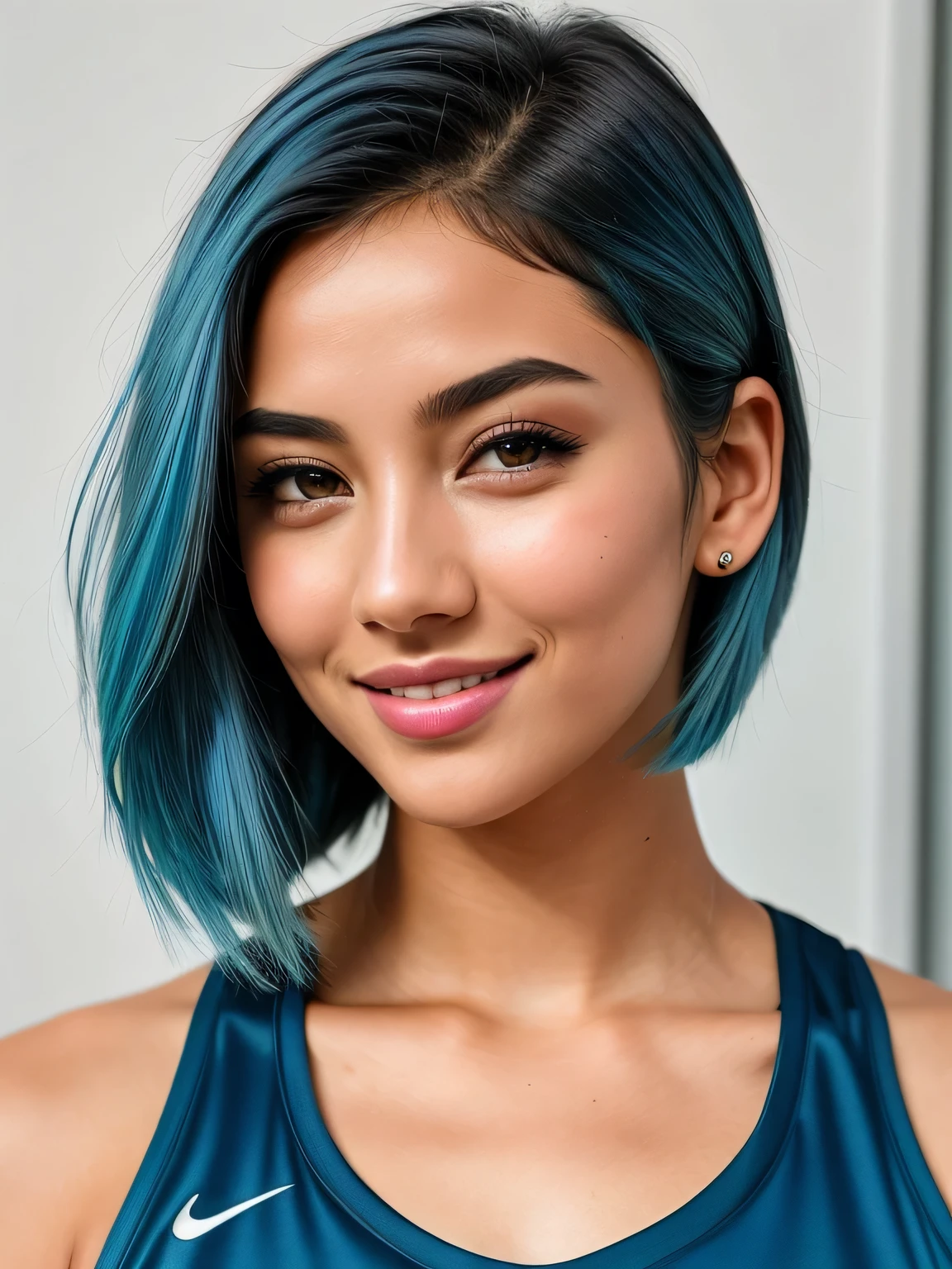 (blue hair:1.4), short hair, realistic green eyes, cobalt hair,  long bob hair, tousled hair, shoulder length hair, Full body, woman with white skin and Asian features, 24 year old, big breast. She has a small, elegant nose with a slight upward curve at the tip. Her lips are full and naturally pink, with a well-defined Cupid's bow. Her teeth are straight and white, enhancing her captivating smile. Her face has an oval shape with high cheekbones that add to her model-like appearance. (crack), detailed (texture!, shine, color!!, flaws: 1.1), highly detailed glowing eyes, (looking at camera), specular light, dslr, extreme quality, crystal clear, cute face, detailed skin pores, oil Dark skin, brown, complex eye details, she is far from the camera, A full-body portrait, captured from a distance. Dynamic Frame, 8K, Best Quality, Realistic, full body Realism, beautiful hairstyle, Dynamic Frame, 1. volleyball uniform, light smile, masterpiece, delicate illustration ultra-detailed, large breasts, volleyball court indoors 2. A beautiful woman stands alone on a volleyball court indoors. She is wearing a volleyball uniform. Her cheeks are lightly blushed, and she wears a gentle smile on her lips. The artwork depicting her is of the highest quality, with intricate details that capture every aspect of her appearance. The lighting in the artwork is carefully crafted, highlighting her features and bringing depth to the scene. 3. This masterpiece of art showcases the talent of the artist, capturing the essence of the lady in a volleyball uniform. The illustration is ultra-detailed, with every line and stroke carefully crafted to create a stunning visual experience. The artist has paid attention to each intricate detail, perfectly bringing out the beauty and charm  (short hair:1.3)