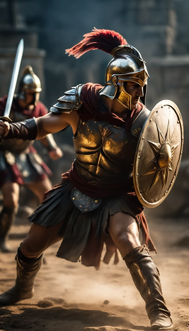 Show a Spartan warrior in mid-combat, deflecting an enemy's blow with his shield, battle atmosphere background, hyper realistic, ultra detailed hyper realistic, photorealistic, Studio Lighting, wearing a gold crown, reflections, dynamic pose, Cinematic, Color Grading, Photography, Shot on 50mm lens, Ultra-Wide Angle, Depth of Field, hyper-detailed, beautifully color, 8k