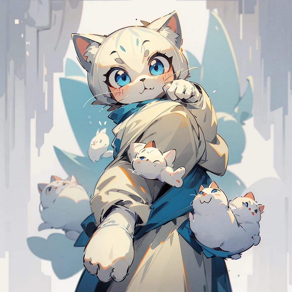 There is one white cat, Siamese cat pattern, Blue Eyes, Bipedal, Chibi Character, Wearing a light grey hoodie, white background photo studio