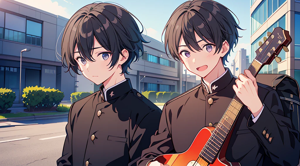 1boy、Highest quality, Ultra-high resolution, masterpiece, 8K quality,My son, a high school student, wears a black .、A mother seeing her son off to high school、 Laughing happily. There is a building in the background, Flat school building, Warm Spring.Face close-up、gakuran、guitar、