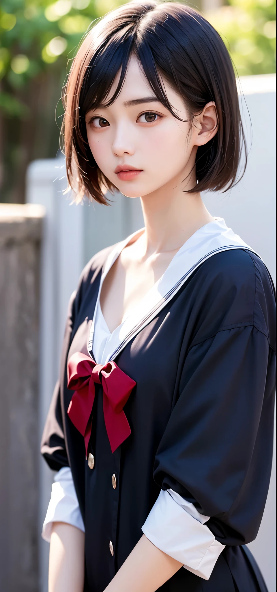 (1 nogizaka girl,15years old face,raw photo,photo realistic:1.5),(best quality, high quality,HDR, highest quality,ultra high resolution,high resolution,high res,ultra high difinition,huge file size,8K,2K wallpaper,8K wallpaper,high quality texture,amazing,an extremely delicate:1.4),one girl, Japanese famous idol,cute face,small face,absurd,ridiculous,incredibly ridiculous,blurry background,(school uniform,sailor suit,short hair,cleavage,no makeup:1.2),medium skin,beautiful skin,detailed skin,black hair,silky hair,black eyes,Japanese nose,5-fingers,(Light Particles, Lens Flare, Luminous Particles: 0.7),looking at viewer,bright lighting,professional lighting,girl