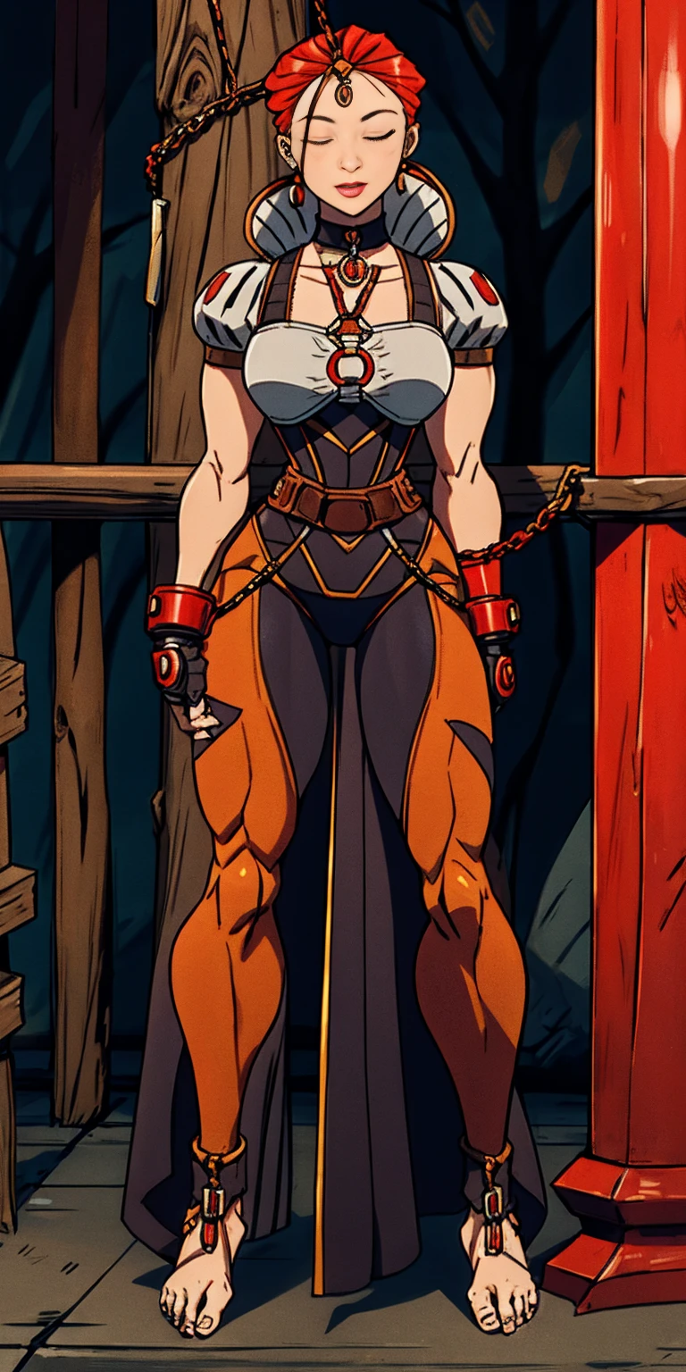 (masterpiece, best quality), intricate details, 1girl, Cammy White from Street Fighter (standing full body toe to head by wooden pole:1.2) iron collar, arms behind back, iron cuffs, shackles, bound, bondage outfit, harness, o-ring, bondage outfit blindfolded cover eyes, happy red cheeks, chain leash collar choker neck bell shackles wristbands bracers bracelets, cleave gag