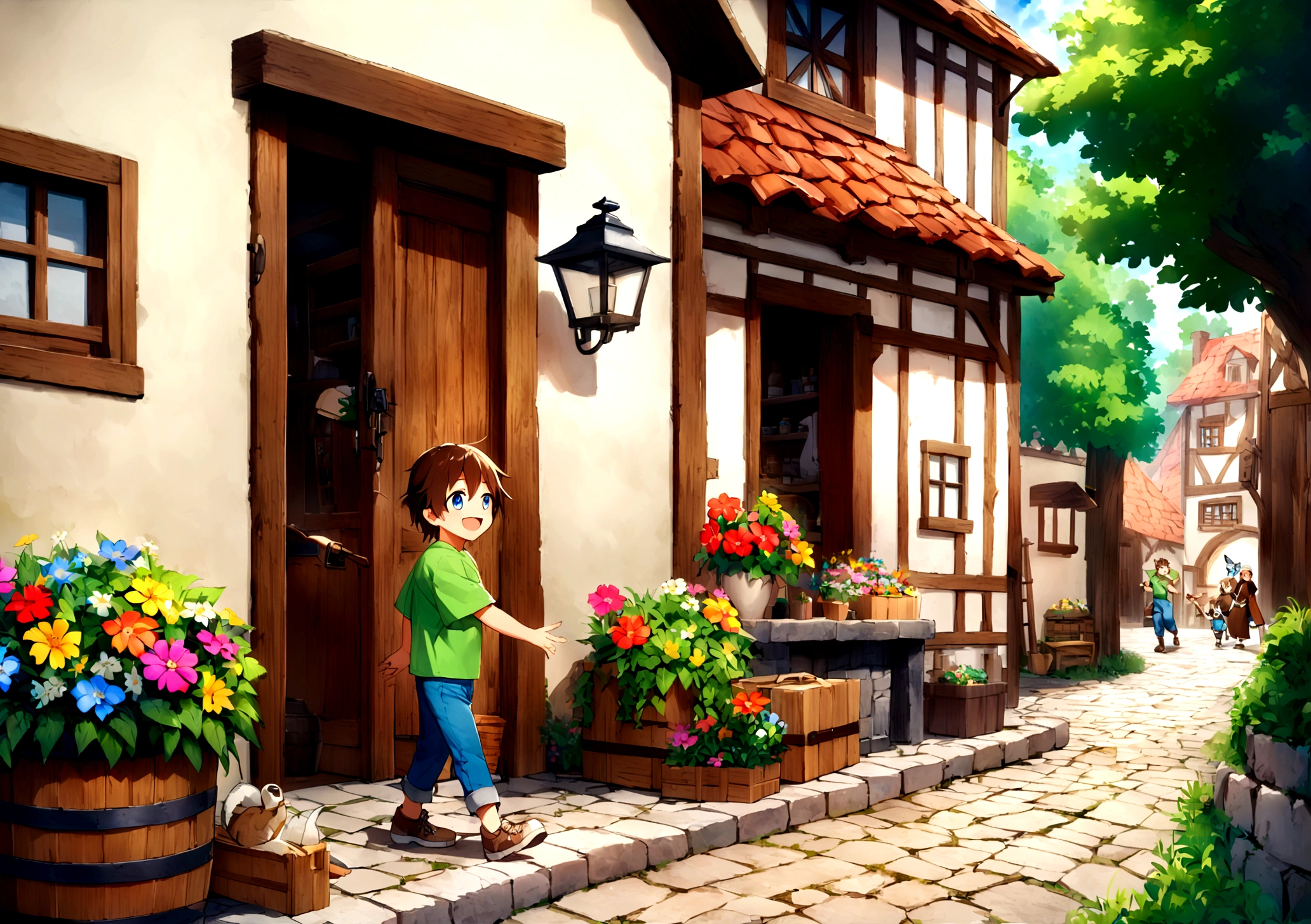 Jack is an eight-year-old boy with tousled brown hair and bright blue eyes. He wears worn-out blue jeans, a bright green t-shirt and sturdy brown sneakers. Jack is exploring the quaint village, his bright eyes filled with curiosity and excitement. He is walking along a cobblestone street, passing by small, charming houses with colorful flowers blooming in window boxes. The village is alive with activity; a baker stands outside his shop, a blacksmith works at his forge, and children play near a fountain. In the background, lush green trees and a clear blue sky indicate a sunny day. Jack's energetic presence and wide smile add to the warm and inviting atmosphere as he discovers new corners of the village, perhaps pausing to inspect a butterfly or to greet a friendly villager.