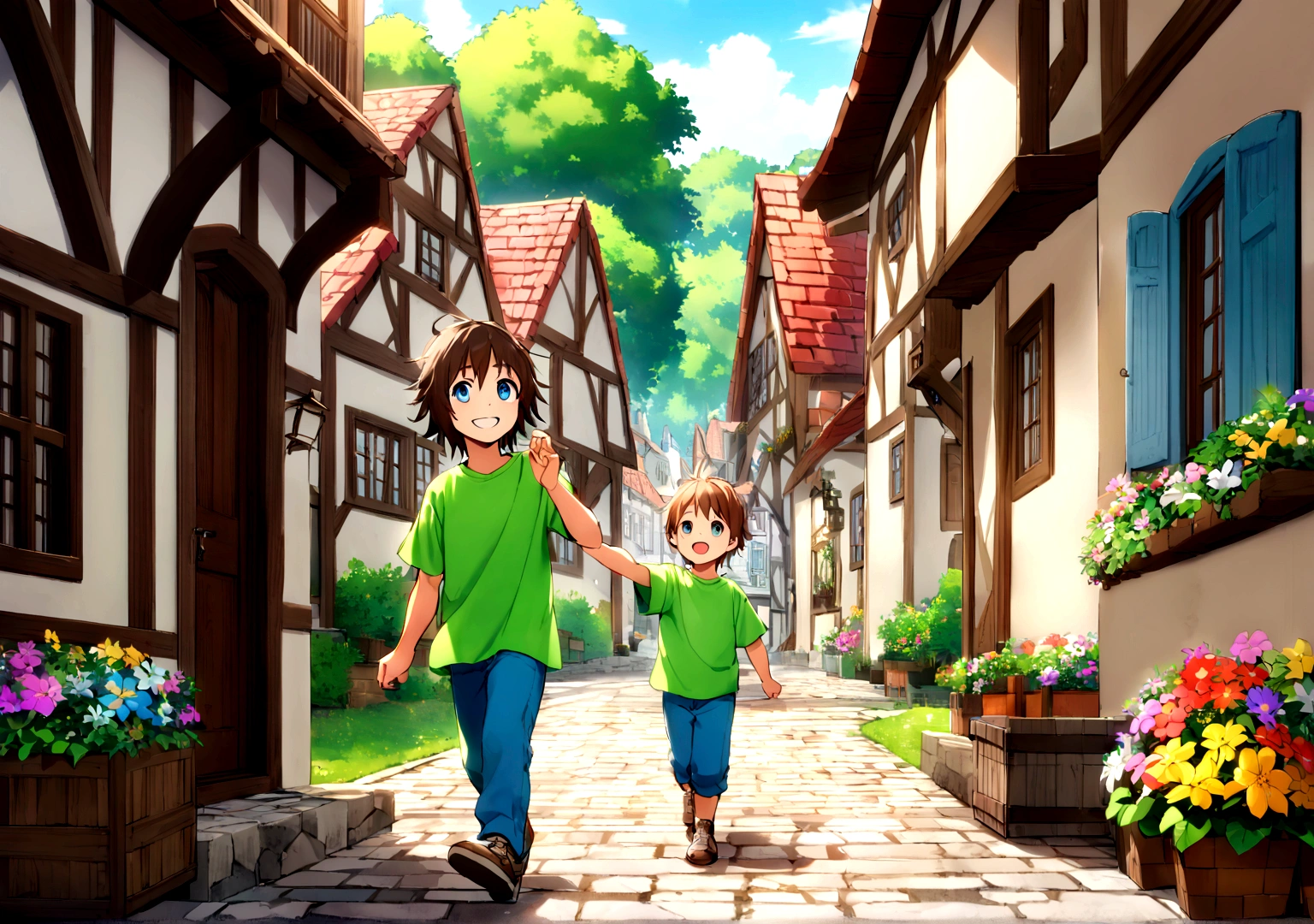 Jack is an eight-year-old boy with tousled brown hair and bright blue eyes. He wears worn-out blue jeans, a bright green t-shirt and sturdy brown sneakers. Jack is exploring the quaint village, his bright eyes filled with curiosity and excitement. He is walking along a cobblestone street, passing by small, charming houses with colorful flowers blooming in window boxes. The village is alive with activity; a baker stands outside his shop, a blacksmith works at his forge, and children play near a fountain. In the background, lush green trees and a clear blue sky indicate a sunny day. Jack's energetic presence and wide smile add to the warm and inviting atmosphere as he discovers new corners of the village, perhaps pausing to inspect a butterfly or to greet a friendly villager.