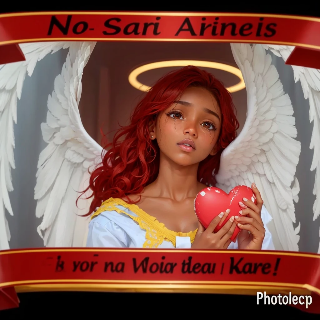 Turn this version into a real person keeping everything just the same brown skin female angel and crying with tears in both eyes running down both cheeks and with both hands holding a heart a broken heart repairing it the same exact image just making it real or realistic and keep all words in English nothing else on her Face but tears