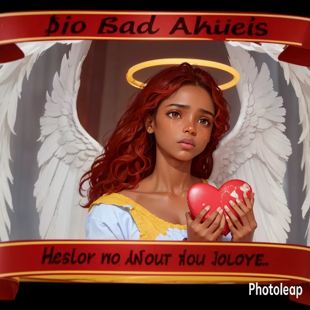 Turn this version into a real person keeping everything just the same brown skin female angel and crying with tears in both eyes running down both cheeks and with both hands holding a heart a broken heart repairing it the same exact image just making it real or realistic and keep all words in English nothing else on her Face but tears