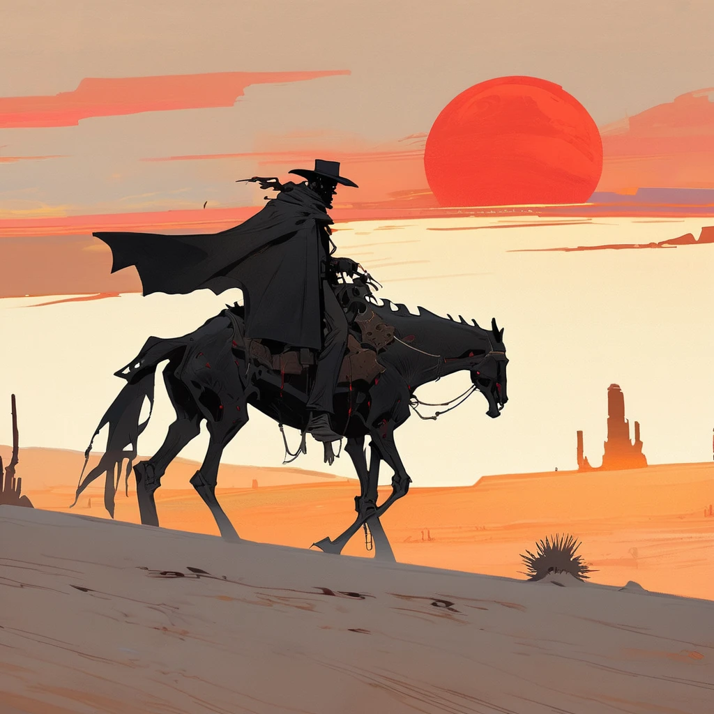 1man,Old West, Desert, scorching sun, silhouette, gloomy, black clothes, gunslinger, horizon, from far, Oil paint, black and white, horse, cape, red sun, Skull, living dead, skeleton, (red and black color palette) 