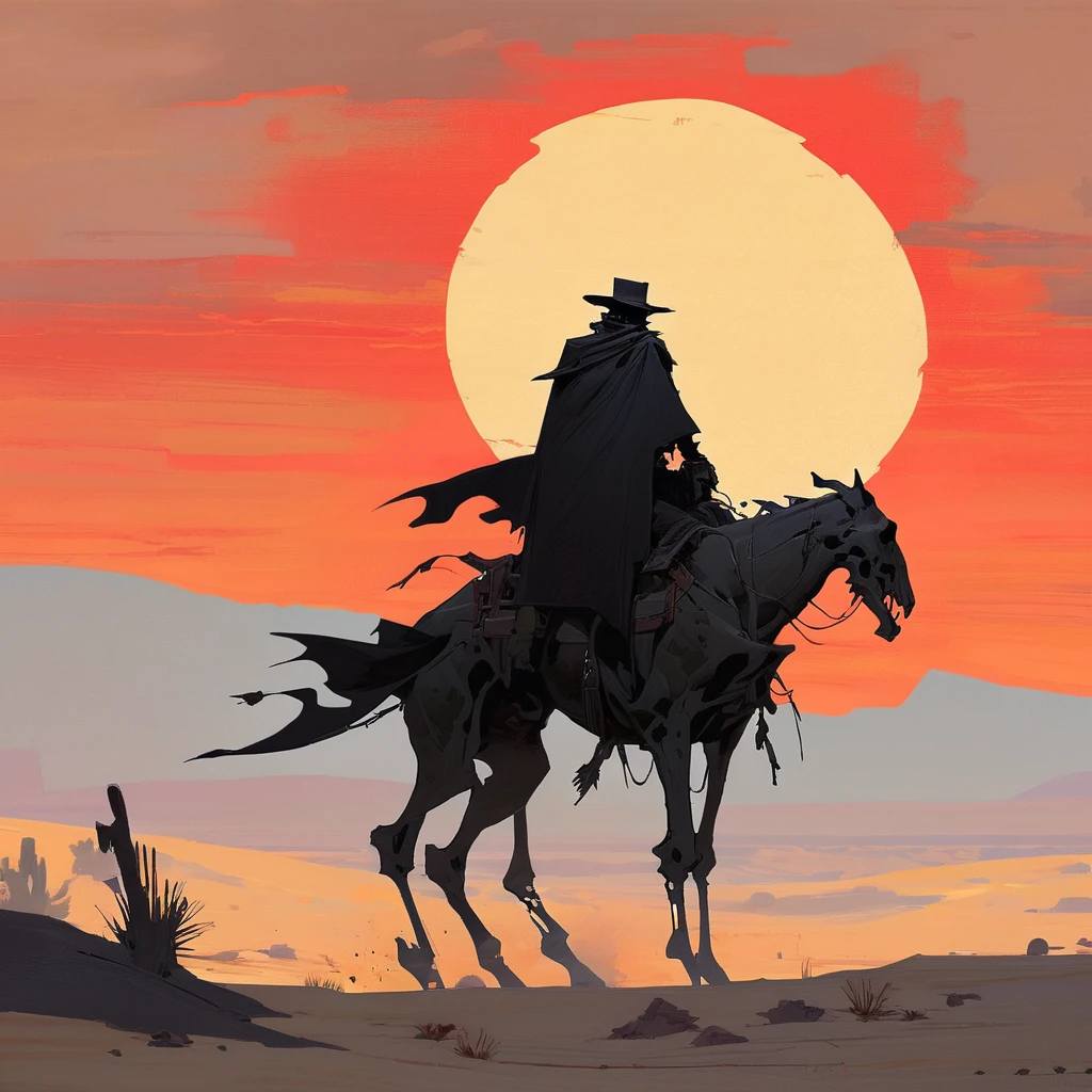 1man,Old West, Desert, scorching sun, silhouette, gloomy, black clothes, gunslinger, horizon, from far, Oil paint, black and white, horse, cape, red sun, Skull, living dead, skeleton, (red and black color palette) 