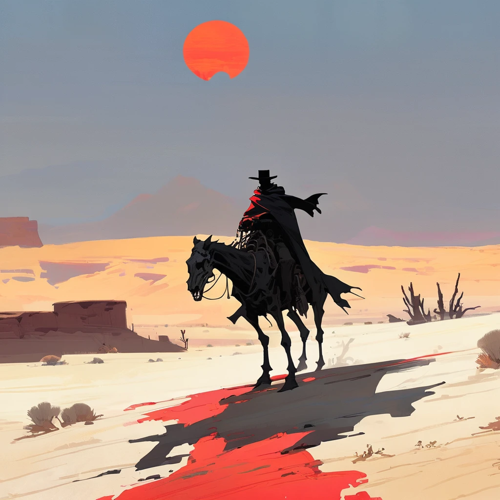 1man,Old West, Desert, scorching sun, silhouette, gloomy, black clothes, gunslinger, horizon, from far, Oil paint, black and white, horse, cape, red sun, Skull, living dead, skeleton, (red and black color palette)