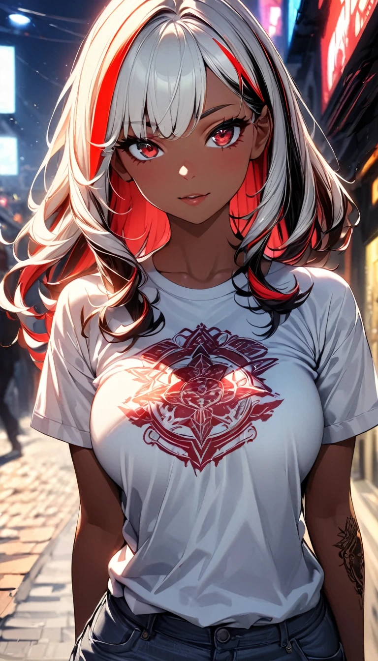 (highest quality:1.2, Very detailed, up to date, Vibrant, Ultra-high resolution, High Contrast, masterpiece:1.2, highest quality, Best aesthetics), Portraiture、girl、singer、Bright colors、Beautiful fine details、Beautiful lip detail、midium wave hair、red and white ((streaked hair:1.6)), highlights hair: 1.5, red eyes, slim body, middium breast, (tan skin:1.1), standing、((plain white T-shirts:1))、loose fit old jeans, (Floral Fineline tattoo design on left arm:1), Resolute expression、Avid Fan、Rock star aura、town, (cowboy shot:1)