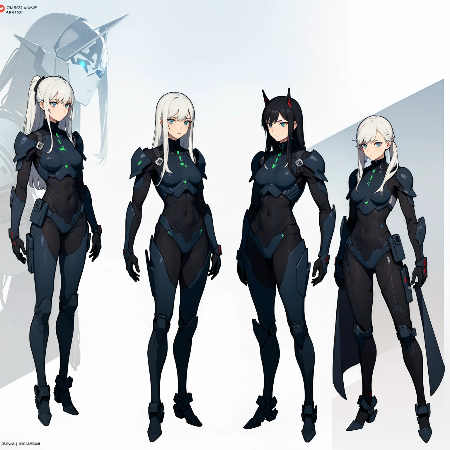 (((full body photo))), femboy wearing a lightly armoured body suit, sci-fi themes, chest armour, gundam, best quality, arte oficial, Sketch line diagram, front view, back view, and side view of character, long hair