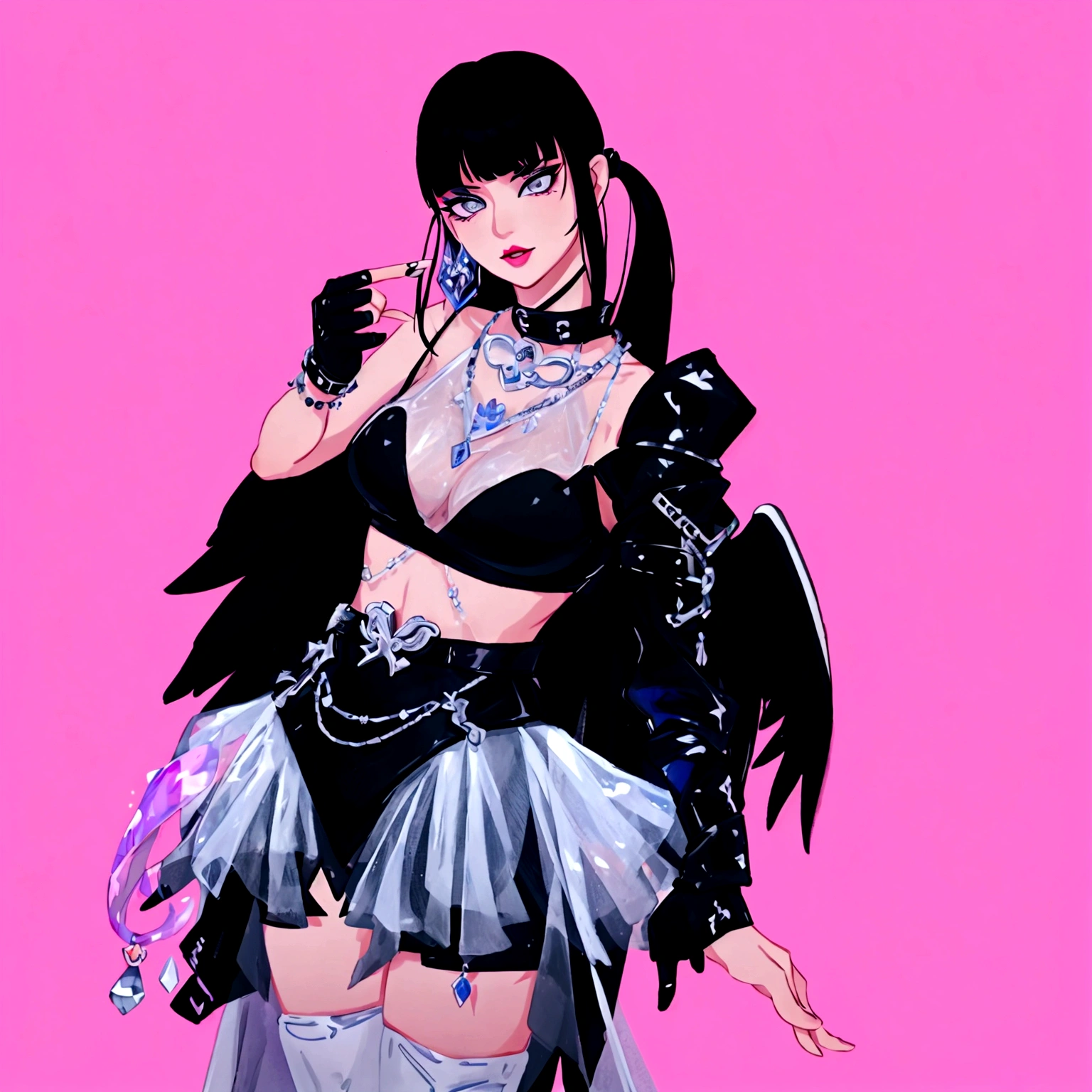 arafed image of a woman in a black outfit imvu, as a mystical valkyrie, villainess has black angel wings, second life avatar, inspired by Sim Sa-jeong, upper body avatar, goth girl aesthetic, she has black hair with bangs, portrait of jossi of blackpink, HD, Detailed, clear color, high quality