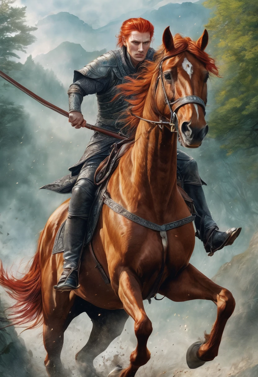 A cinematic image of a fantasy character on a horse , male character , red hair , hunter eyes , chaotic background, fight scene , magical and fantasy themed , perfect detailing, colour pencil art on paper , pencil art , highly detailed image 