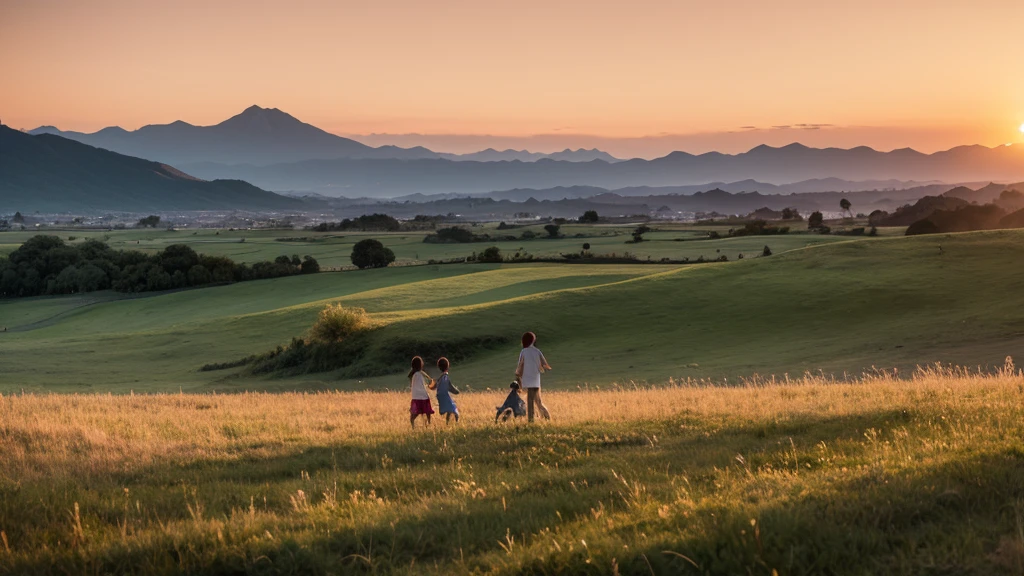 A vast grassland at sunset with children and mountains in the distance