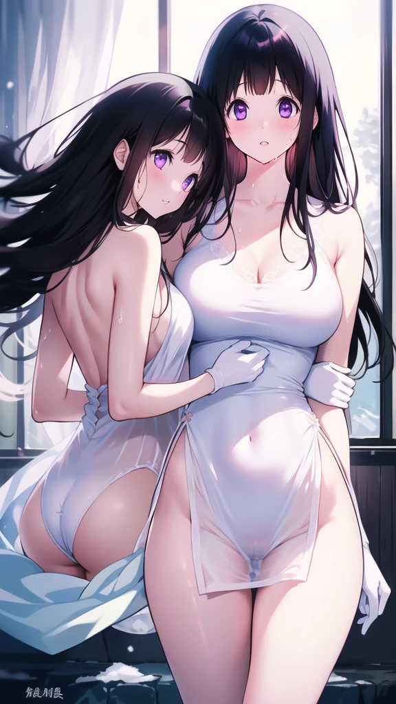 Amazing Chitanda, There is only one beautiful girl,Purple Eyes, Black Hair, Very red face,Very white skin,Glowing skin,Skin as delicate as porcelain,Naturally straight hair, Straight bangs,Extremely refined,Open lips,Long flowing hair,Beautiful Girl, Like a dream,Slim,Slim waist,Soft, (Sensual), (Kawaii), Dream quality,Beautiful big breasts,Sheer loose dress,Areola,Completely naked,Lower edge of breast,White gloves,Flower decoration,Deep V neckline,Loose neckline,Wide neckline,In school,The wind blows the hair,Place your hands on your inner thighs,Thighs clamp hands,Wet skin,Sweaty and sweaty,Sweating all over,On the snow,Back to,Lean over,Hips,Side body,Gluteal groove,Completely naked的臀部,Bare back,Completely naked的背部,Light transmission,(no pants),nopan,pussy juice,Bare shoulders,There are no shoulder straps,Bare neck,Exposed collarbone,Exposing breasts,Exposing breasts侧面,Exposing breasts下面,Show your waist,Show your buttocks,Show your thighs,Exposing the groin,(No pants),extremely shy,Ultra-high resolution, (masterpiece:1.2, best quality), (Delicate and beautiful eyes: 1.2), (Beautiful and delicate face)