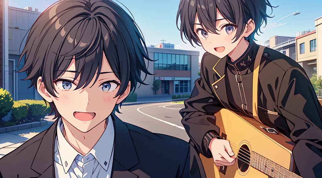 1boy、Highest quality, Ultra-high resolution, masterpiece, 8K quality,My son, a high school student, wears a black .、A mother seeing her son off to high school、 Laughing happily. There is a building in the background, Flat school building, Warm Spring.Face close-up、gakuran、guitar、