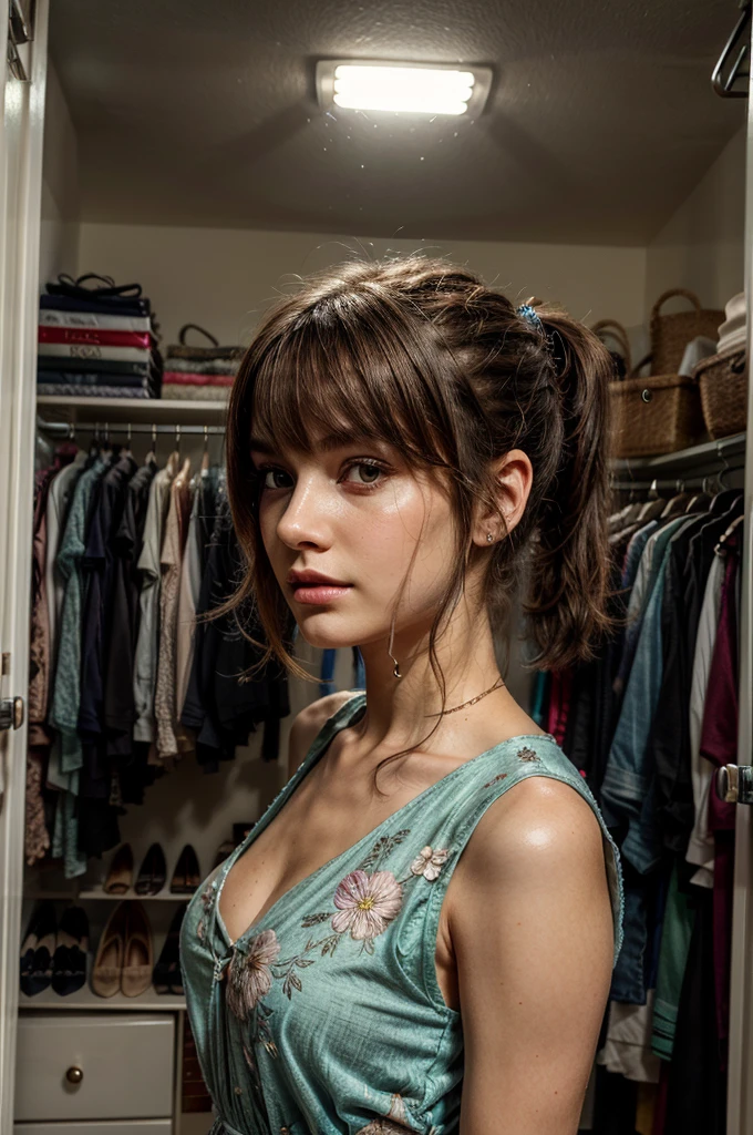 (Masterpiece), (Best Quality), (Super Detail), (disheveled Hair), (Illustration), (One Girl), (Fashionable Clothes), Standing, Fashion Model, (Interview), Finely Beautiful Eyes, Delicate Beautiful Face, Floating, (High Saturation), (Colorful Splash), Colorful Bubble, (Shine), Ponytail, white long Hair, Bangs, Floating Hairs, (Shining), Best Lighting, Best Shadows, sexy, (Floral Sundress), (Hiding in closet)
