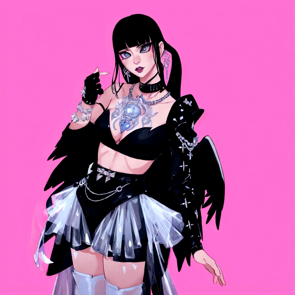 arafed image of a woman in a black outfit  imvu, as a mystical valkyrie, villainess has black angel wings, second life avatar, inspired by Sim Sa-jeong, upper body avatar, goth girl aesthetic, she has black hair with bangs, portrait of jossi of blackpink, HD, Detailed, clear color, high quality