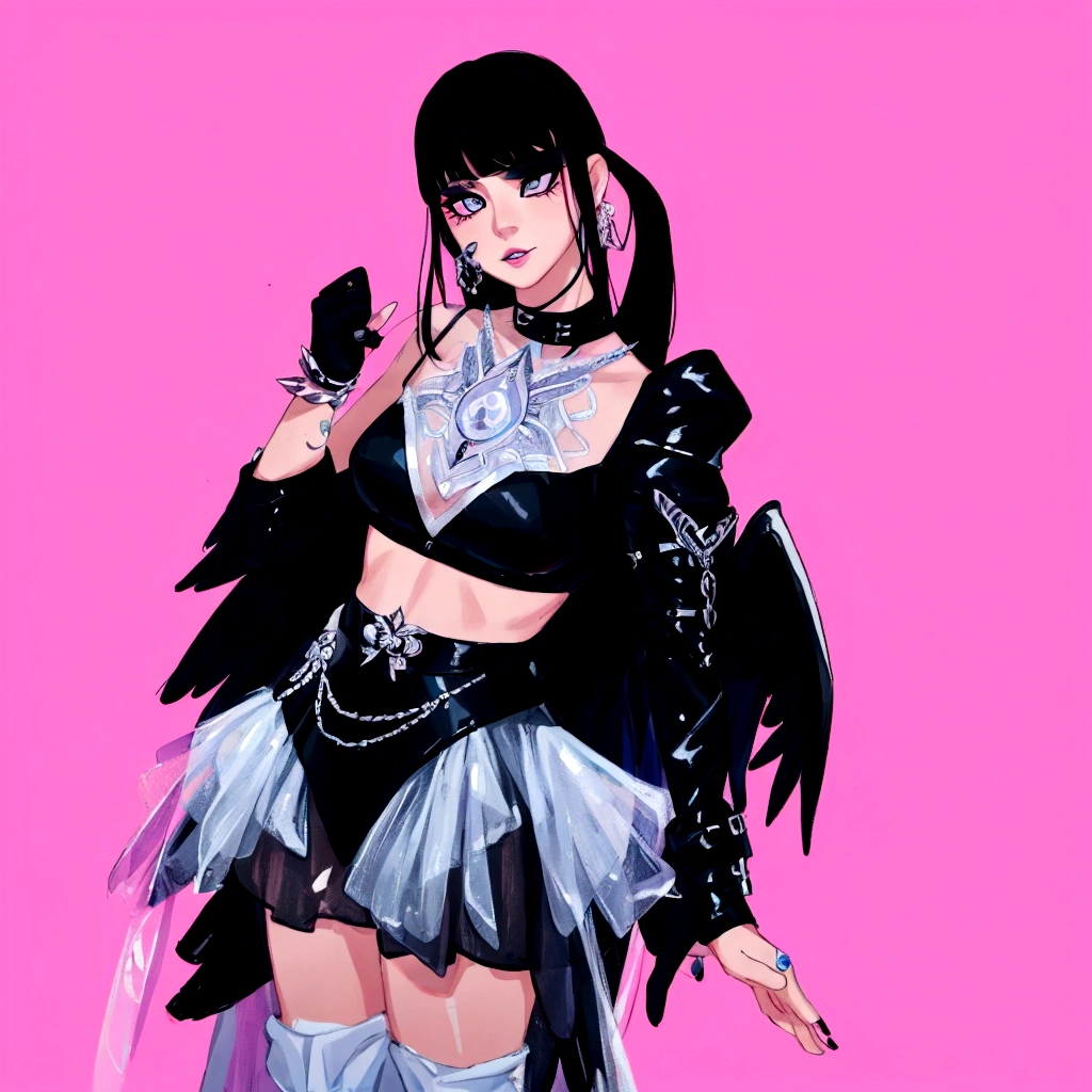 arafed image of a woman in a black outfit  imvu, as a mystical valkyrie, villainess has black angel wings, second life avatar, inspired by Sim Sa-jeong, upper body avatar, goth girl aesthetic, she has black hair with bangs, portrait of jossi of blackpink, HD, Detailed, clear color, high quality