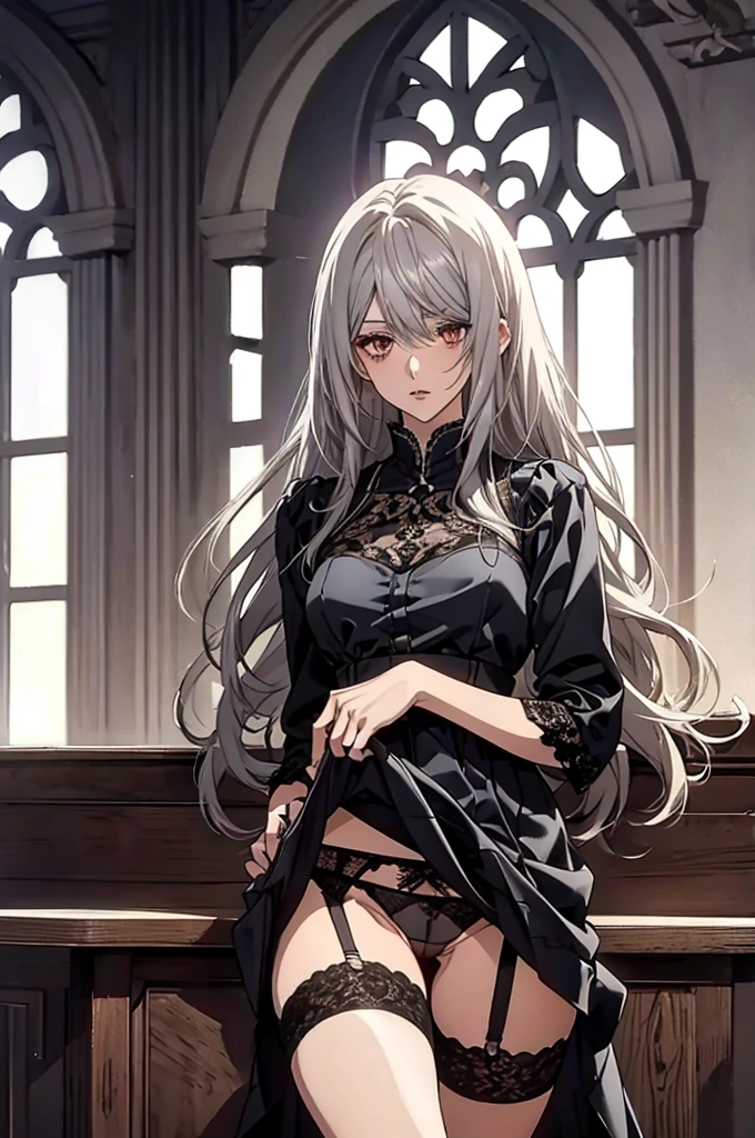 (Highest quality, High resolution, Very detailed), 1 female, Silver Hair, Long Hair, Reddish brown eyes, Black long dress, lace thong, garter belt, 20th generation, Beautiful woman, talk, quiet, Calm, venue,