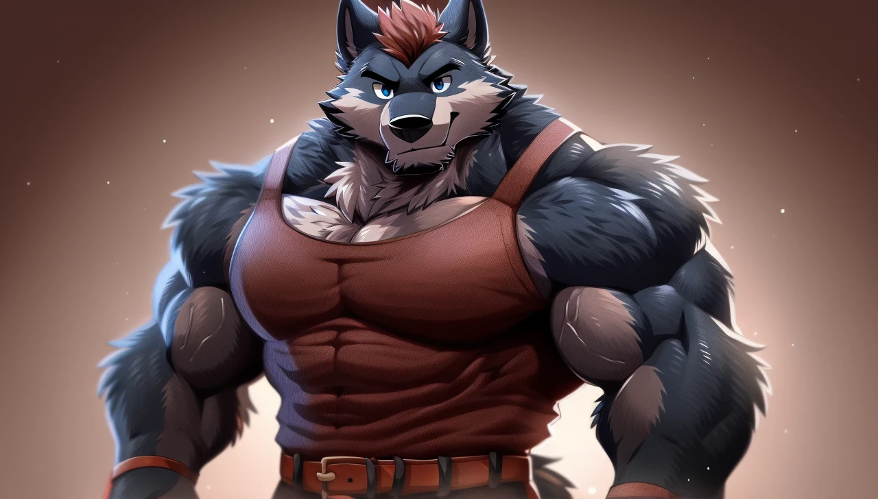 (Flasheart Lupin 100% wolf:1.0), Author: Takemoto Arashi, (1 boy), Flesheart Lupin, One, solo, Werewolf, male, massive body, muscular body, dark blue fur,  Red fur tips, Men's Second, (Torso), hot body, muscle, Beautiful, sexual, Attractive guy, (Detailed blue eyes), Browster, a high resolution, Best quality), 4k, nipples, male, portrait, gay, Werewolf, 