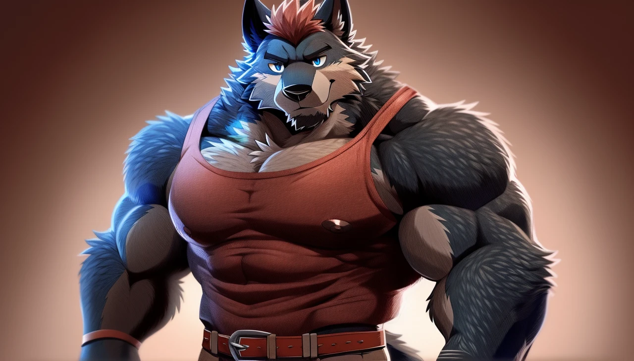 (Flasheart Lupin 100% wolf:1.0), Author: Takemoto Arashi, (1 boy), Flesheart Lupin, One, solo, Werewolf, male, massive body, muscular body, dark blue fur, Red fur tips, Men's Second, (Torso), hot body, muscle, Beautiful, sexual, Attractive guy, (Detailed blue eyes), Browster, a high resolution, Best quality), 4k, nipples, male, portrait, gay, Werewolf,