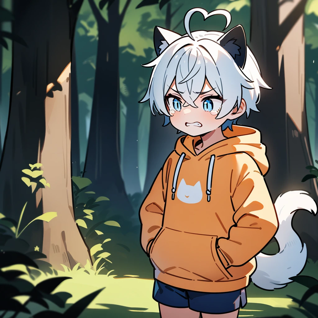 (masterpiece:1.2,high quality),8K,High resolution,A seven-year-old boy,cute boy,white hair,short hair,crossed bangs,light blue eyes,slit pupils,heart ahoge,black ears,cat ears,clenched teeth,tears,Wearing a light orange hoodie,Dark blue shorts,Stand in the forest,There are flowering trees on both sides.,primary school student,thigh,alone,dog tail,(Put your hands in your pockets),((Put your hands in your pockets))