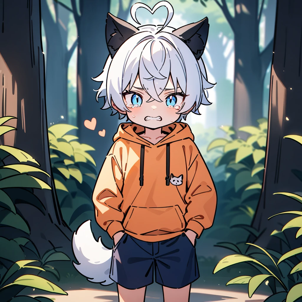 (masterpiece:1.2,high quality),8K,High resolution,A seven-year-old boy,cute boy,white hair,short hair,crossed bangs,light blue eyes,slit pupils,heart ahoge,black ears,cat ears,clenched teeth,tears,Wearing a light orange hoodie,Dark blue shorts,Stand in the forest,There are flowering trees on both sides.,primary school student,thigh,alone,dog tail,(Put your hands in your pockets),((Put your hands in your pockets))