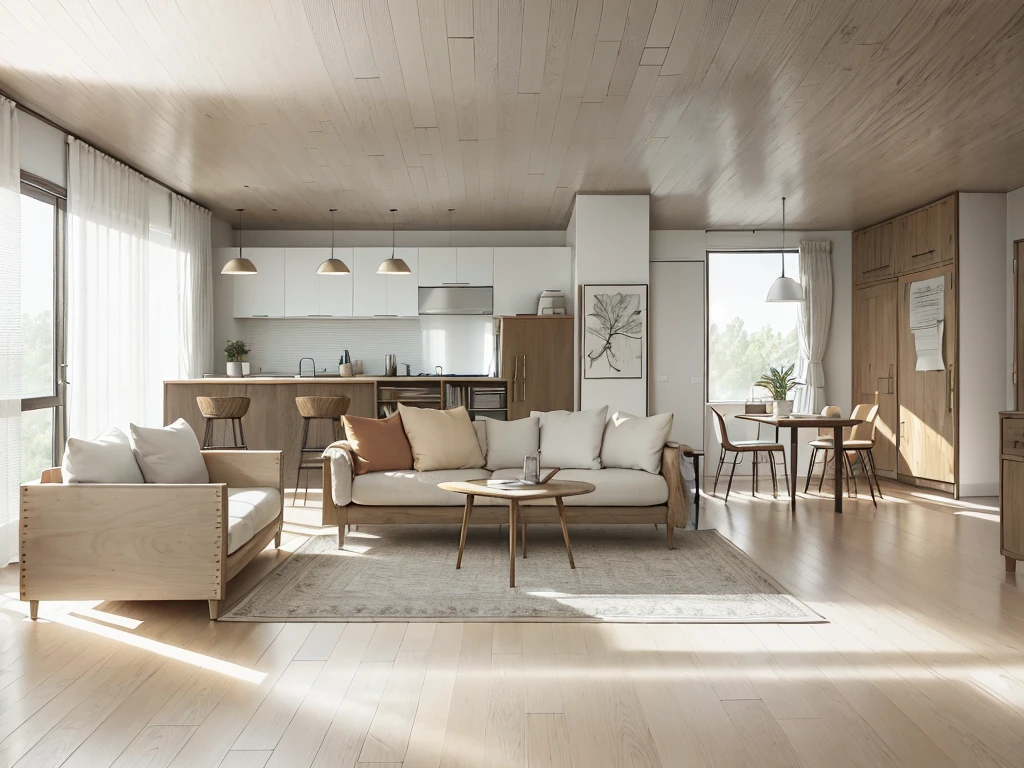 a sketch of a beautiful modern living room, (((foster and partners, artists impression, artistic impression, by Hamish MacDonald, by Carey Morris, by David Brewster, higher detailed illustration, by Helen Berman, an illustration, detailed illustration, by Nick Fudge, by Warren Mahy, artist's impression))), a red kitchen cabinet behind the white sofa, with minimal pictures on the wall, linen curtain next to the classroom window, coffee table, modern wood, ceiling with magnetic emissive lighting, white fabric PRB textures, wooden floor PRB texture,