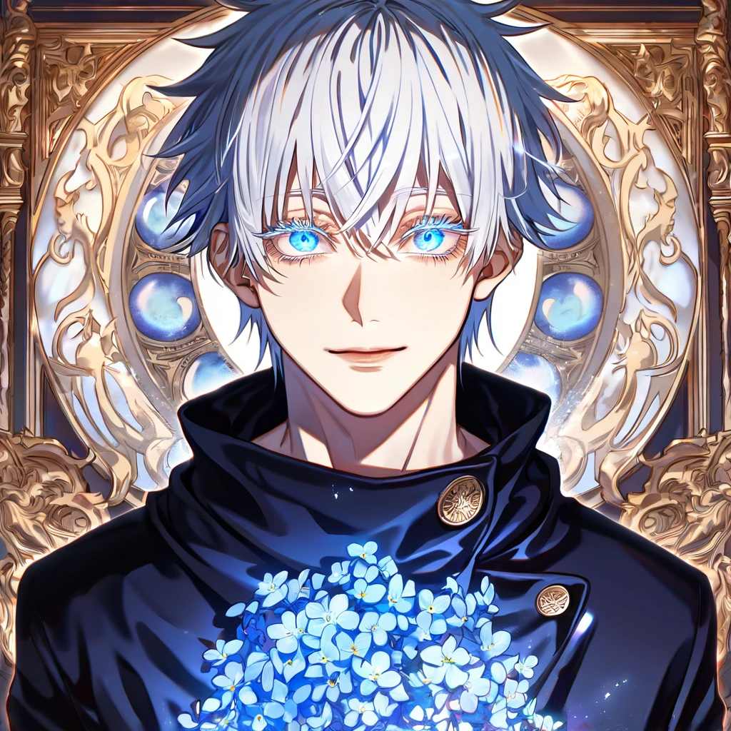 Ultra detailed, HDR, Highres, absurdres, master piece, Gojou Satoru, white hair with bangs, expressive blue eyes, white eyelashes, Jujutsu Kaisen, handsome, sexy man, solo, unlimited void, blue water, fantasy, magical, cursed energy, blue aura, blue petals, handsome smile, best quality, blue moon, forget-me-not flowers, inner domain,