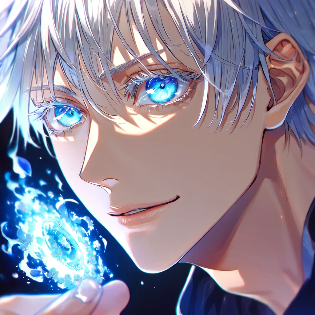 Ultra detailed, HDR, Highres, absurdres, master piece, Gojou Satoru, white hair with bangs, expressive blue eyes, white eyelashes, Jujutsu Kaisen, handsome, sexy man, solo, unlimited void, blue water, fantasy, magical, cursed energy, blue aura, blue petals, handsome smile, best quality, blue moon, forget-me-not flowers, inner domain,