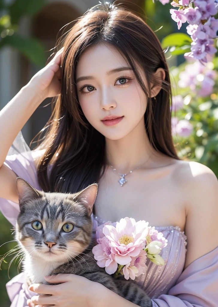 Diffuse lighting、 Highest quality, High resolution, unity 8k wallpaper、Supersaturation, Colorful, fairy tale, dream-like, Movie-like characters, oil, 3d, 8K resolution, Sequins, Sparkling, moonlight, Close-up portrait adorable,Too cute cat, Fine grain, Large, round, reflective eyes,Dreamland、pastel colour、pleasant to the touch、Facing forward、smile、full moon、Mysterious Flower、Beautiful cat、cute cat、