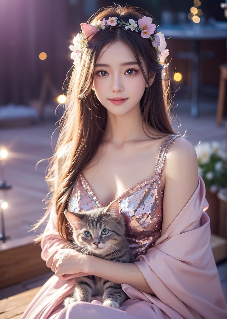 Diffuse lighting、 Highest quality, High resolution, unity 8k wallpaper、Supersaturation, Colorful, fairy tale, dream-like, Movie-like characters, oil, 3d, 8K resolution, Sequins, Sparkling, moonlight, Close-up portrait adorable,Too cute cat, Fine grain, Large, round, reflective eyes,Dreamland、pastel colour、pleasant to the touch、Facing forward、smile、full moon、Mysterious Flower、Beautiful cat、cute cat、