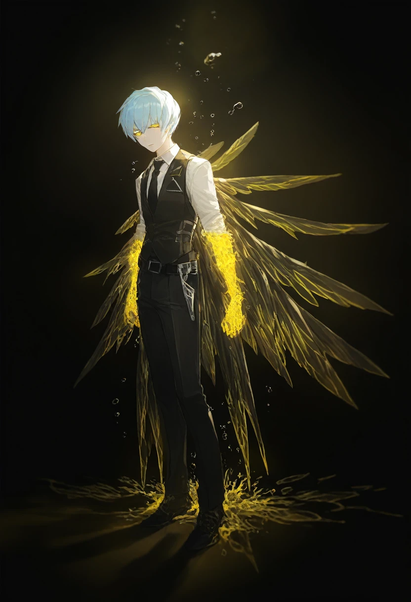 by mont blanc, 1 angela \(project moon\), e.g.o. \(project moon\), sad, glowing yellow eyes, bird girl, black background, looking at viewer, lighting and shadow, aesthetic, detailed, beautiful color, amazing quality, black feather, lens flare, (masterpiece), (best quality), (ultra detailed),(disheveled hair),(illustration), (1boy), (Fashionable clothing), standing, Fashion model, looking at viewer, (interview), (simple background),beautiful detailed eyes, delicate beautiful face, Floating,(high saturation),(colorful splashes), male_focus, vest, multicolored_hair, shirt, black_footwear, pants, black_vest, two-tone_hair, necktie, black_pants, black_necktie, full_body, black_hair, short_hair, belt, standing, white_hair, focus on face, best lighting, best shadow, 1boy, solo