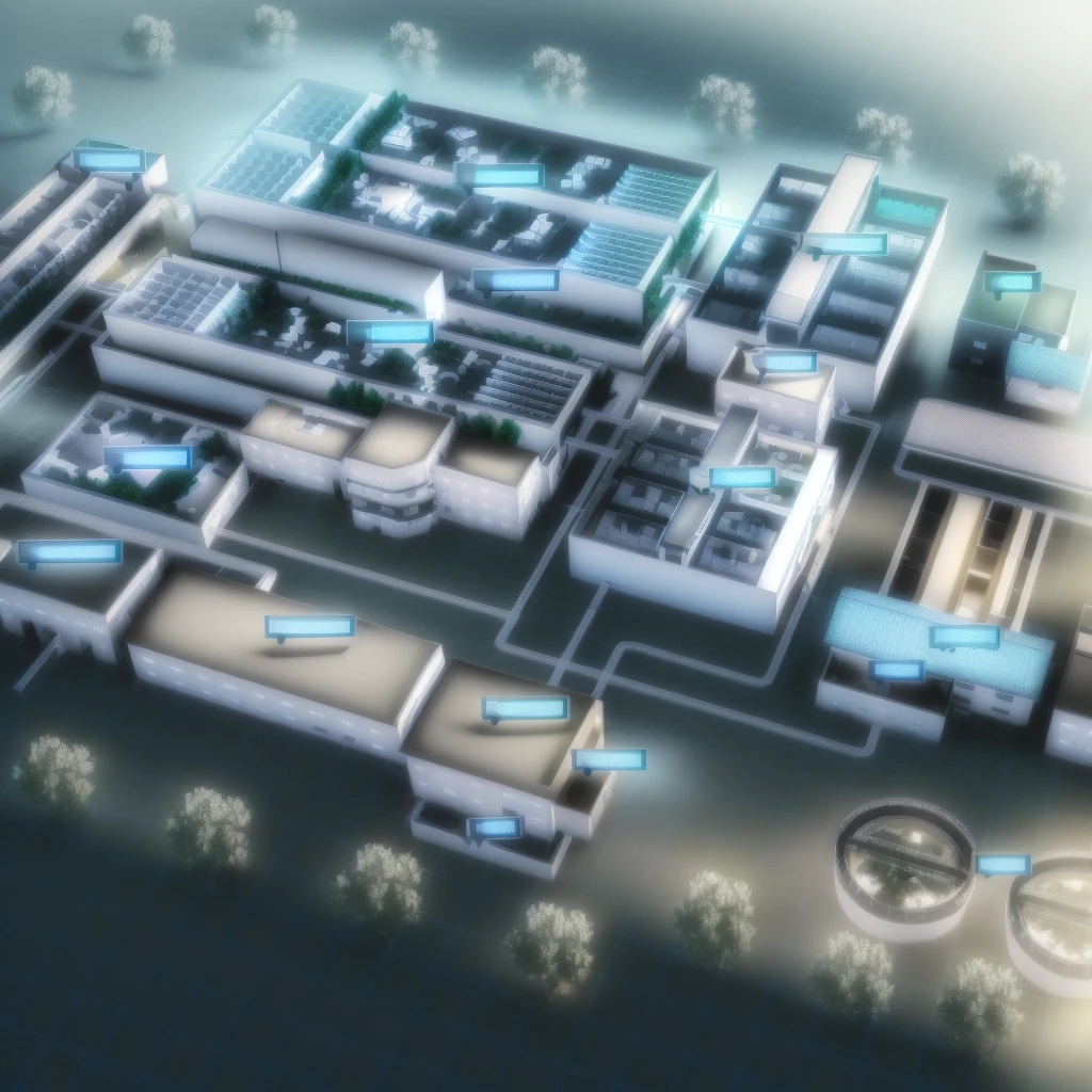 Building IoT Model Image, Isometric 3d rendering, Clear data, extreamly detailed data center, Detailed Factory, High-tech environment, industrial plant environment, Detailed Data Center, Isometric drawing, 2D Axonometric Top View, IoT production facilities, Pre-rendered isometric graphics，Technology，Futuristic，The background is the grid Internet of Things，Picture HD